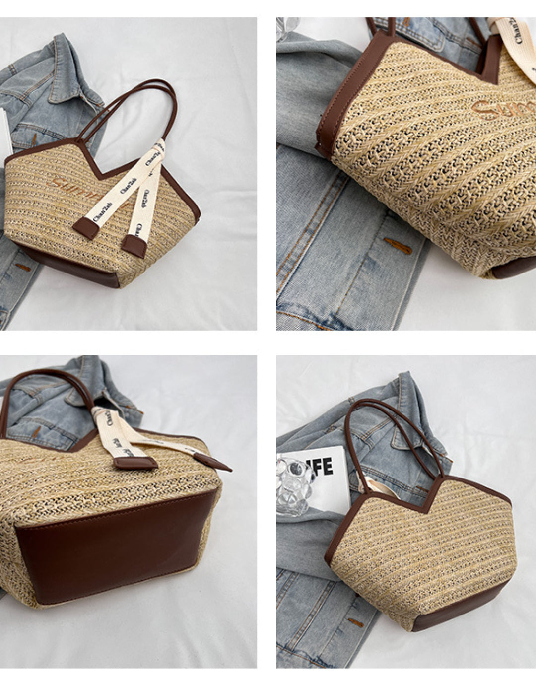 Straw Beach Bags&Tote Embroidery Heart Design Bag