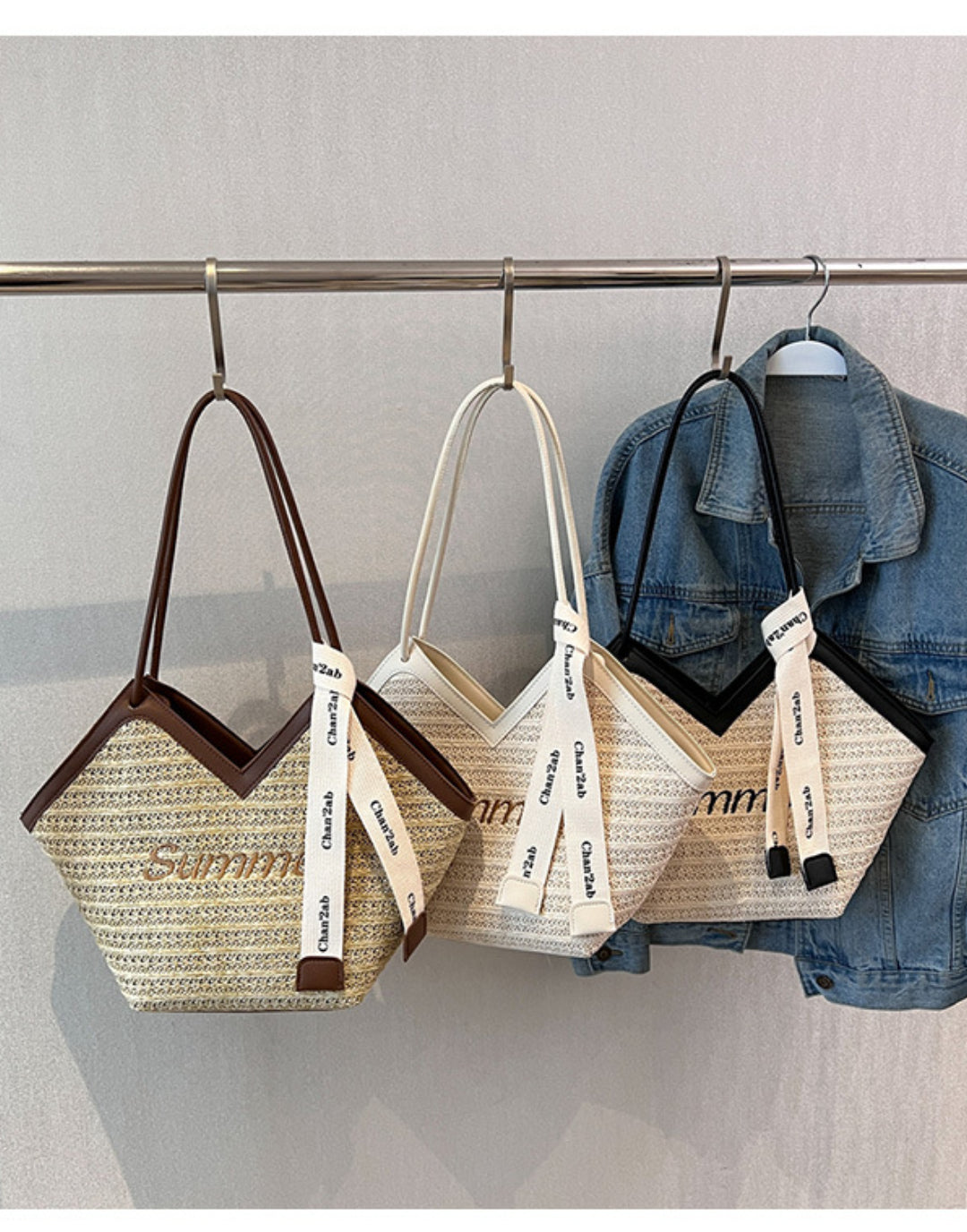 Straw Beach Bags&Tote Embroidery Heart Design Bag