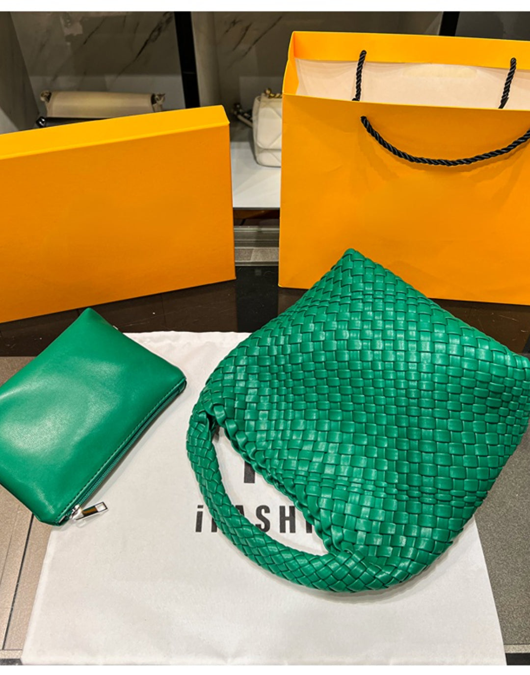 Women Vegan Leather Hand Woven Tote Handbag With Inner Bag