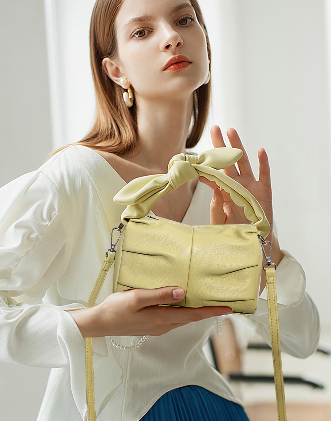 Bow Casual Small Square Bag&Pleated Handbag and Crossbody Bag